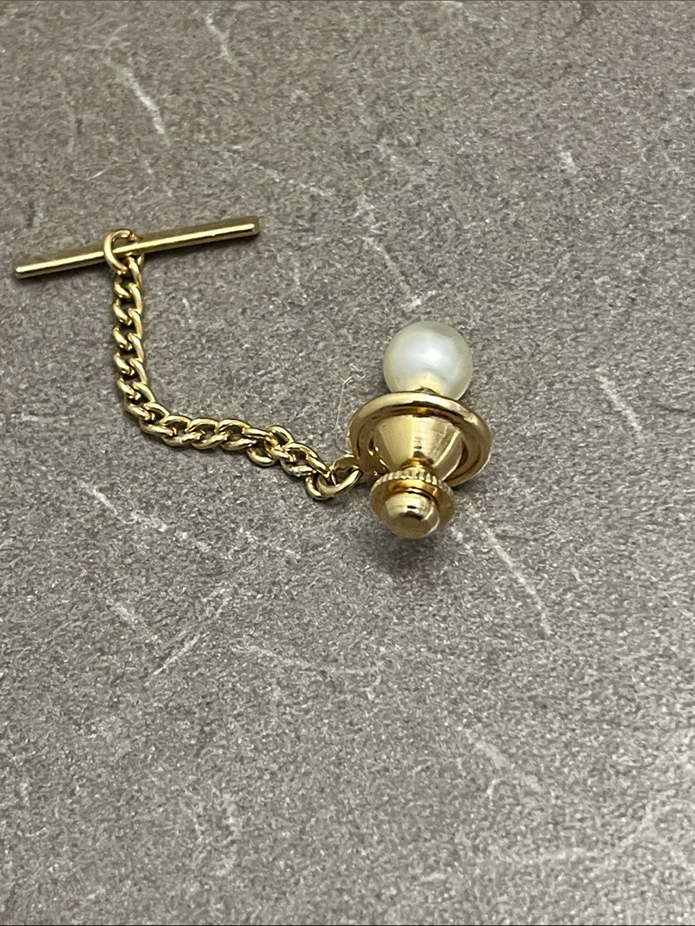 Gold-Tone Pearl Tie Tack Lapel Pin-Has marking inside lip of pin